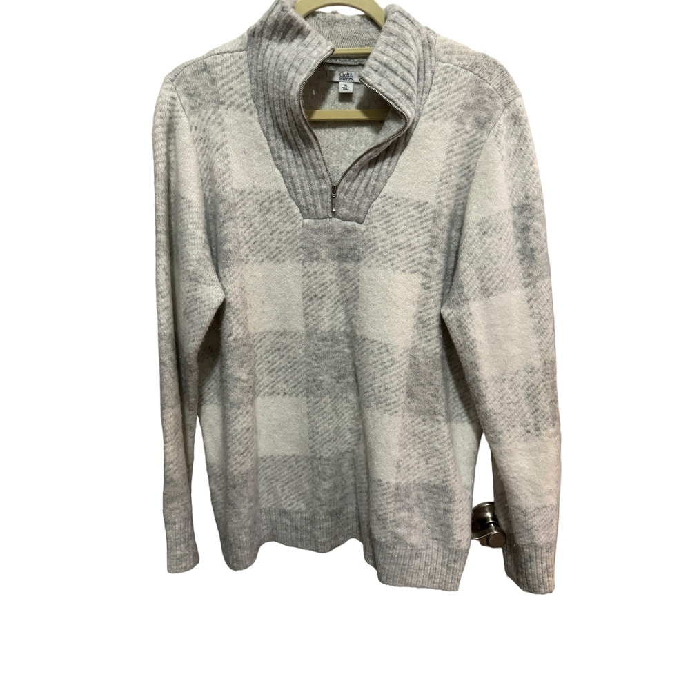 Croft & Barrow - 1/4 Zip Sweater - Grey / Cream Plaid Sweater - Size XL